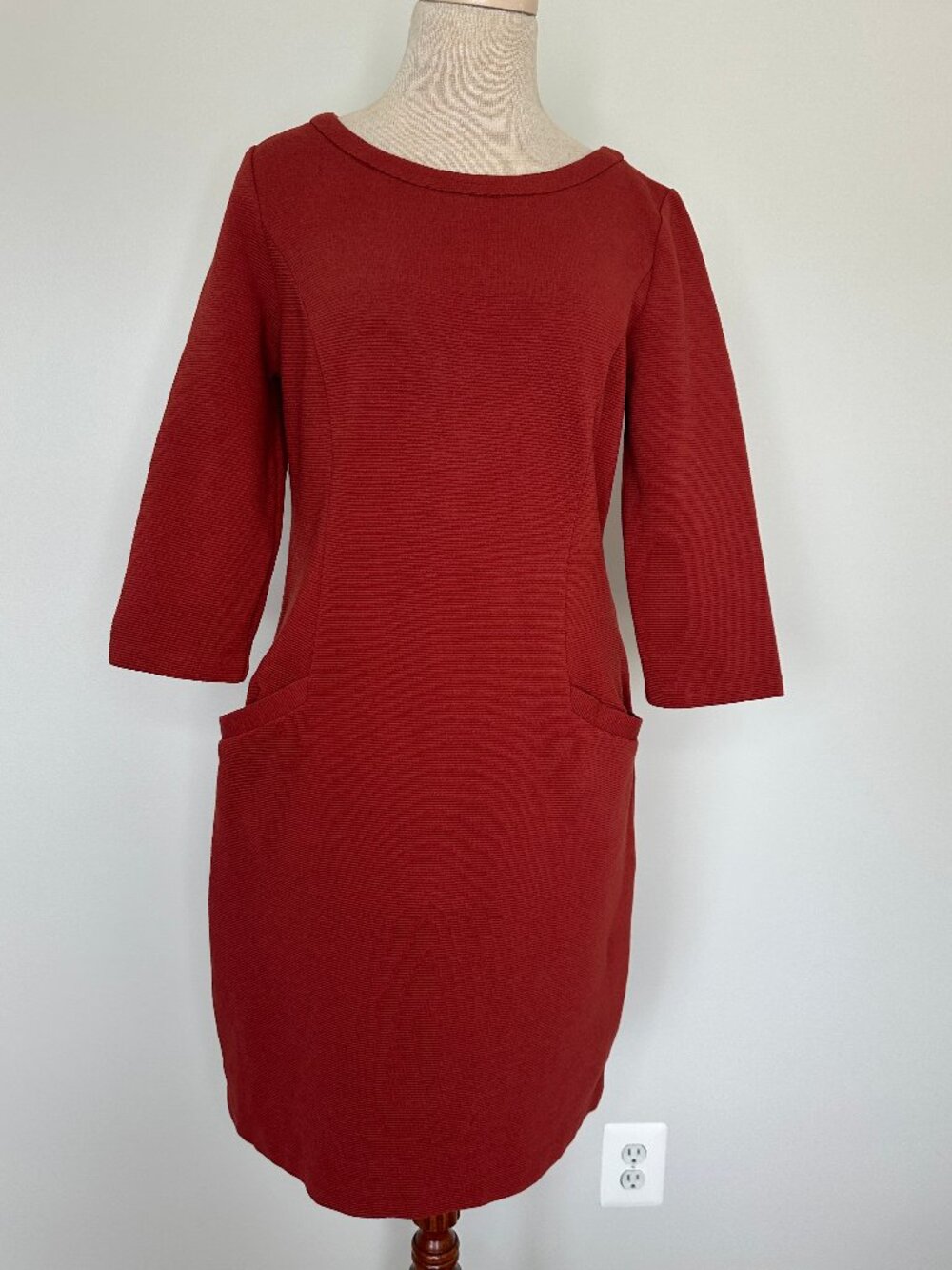 Boden Jasmine Ottoman Rust Colored Dress Sheath Shift Ribbed Pocket 3/4 Sleeve